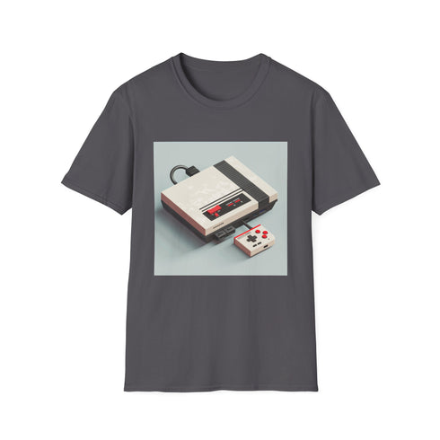Retro gaming console pixel art charcoal t-shirt, unisex regular fit nostalgia.