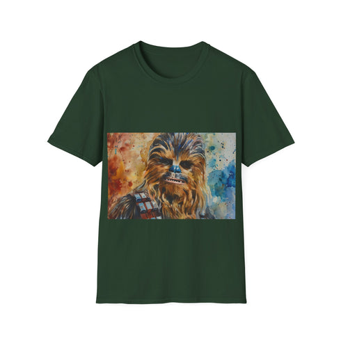 Chewbacca watercolor T-shirt: Charcoal color, crew neck, Star Wars design.