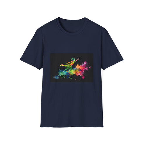Neon watercolor Peter Pan print on charcoal cotton crew neck T-shirt