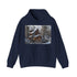 Rustic navy mountain cabin hoodie for men and women in size S.