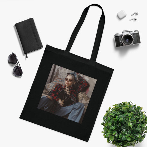 Grunge Revival Black Cotton Tote Bag with 90s-inspired design.