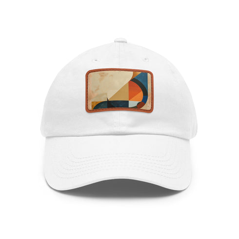 Geometric white baseball cap with light brown rectangular patch.