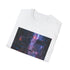 Cyberpunk charcoal T-shirt with neon cityscape crew neck regular fit cotton