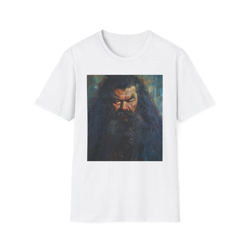 Charcoal cotton crew neck T-shirt with vibrant Rubeus Hagrid portrait design