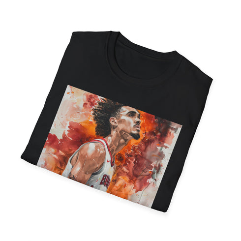 Charcoal crew neck t-shirt with watercolor tribute to Trae Young's skills