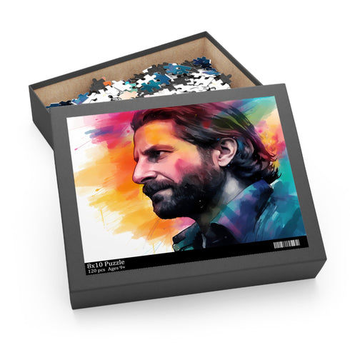 Vibrant neon Bradley Cooper watercolor puzzle with 120 pieces.