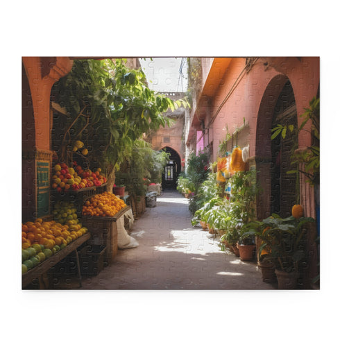 Vibrant Marrakech market puzzle with colorful architecture and lush gardens.