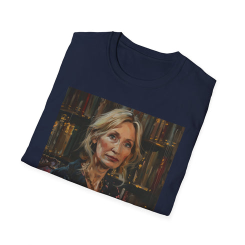 Charcoal cotton T-shirt featuring vibrant J.K Rowling portrait design