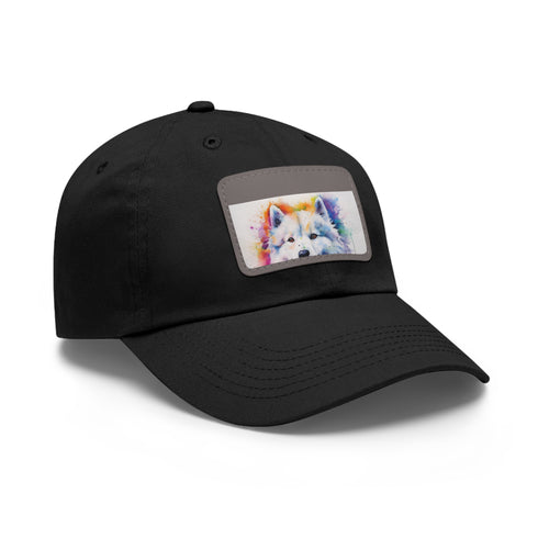 Cute white snapback hat with fluffy Samoyed patch for all.