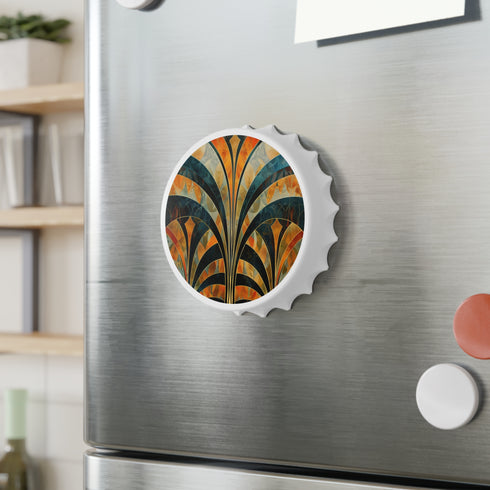 Abstract art deco pattern white bottle opener magnet for kitchen.