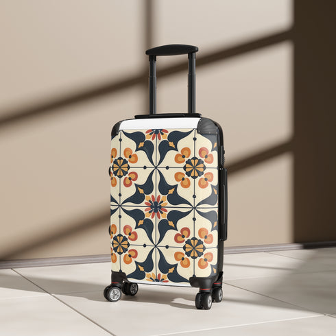Artisan black chic suitcase with handcrafted ceramic tile pattern.