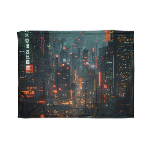 Neon-lit cyberpunk cityscape PS5 blanket for futuristic home decor.