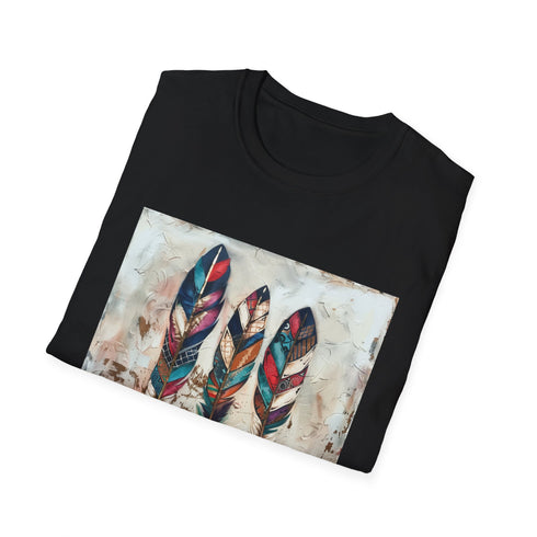 Bohemian feather t-shirt in charcoal with vibrant design.