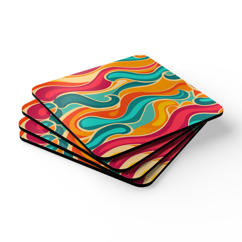 Vibrant retro waves corkwood coasters for stylish home protection.