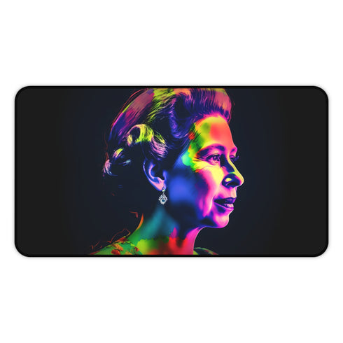 Queen Elizabeth Neon Desk Mat - Vibrant watercolor image of young Queen Elizabeth II, regal office decor
