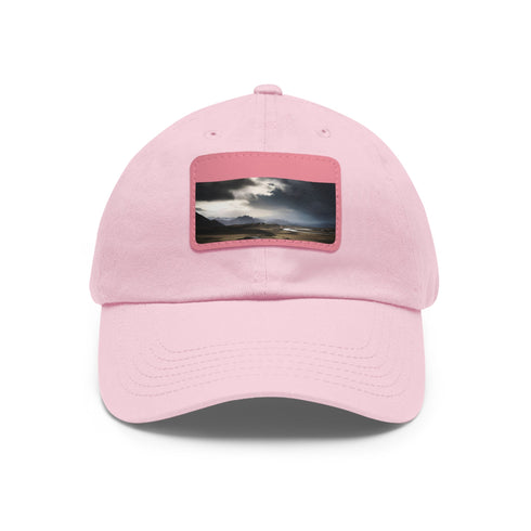 White cotton unisex hat with light brown rectangle patch.