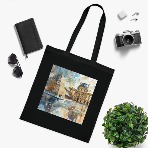 Chic black cotton Louvre watercolor tote bag - accessories, stylish, artistic.