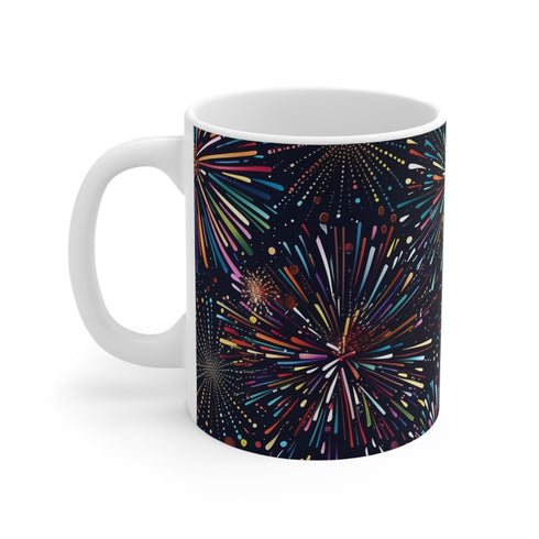 Colorful festive fireworks ceramic coffee mug for holiday cheer.