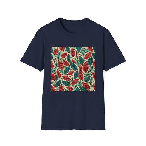 Charcoal crew neck t-shirt with autumn leaf pattern in warm hues
