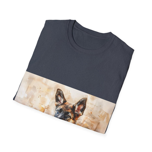 Adorable German Shepherd watercolor tee in charcoal, size small, cotton material.