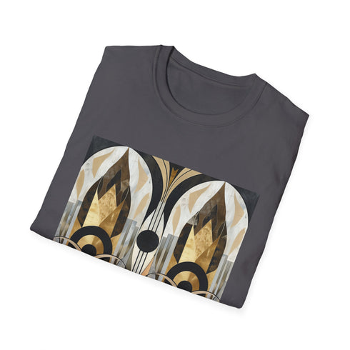 Charcoal cotton t-shirt with geometric art deco patterns showcasing vibrant elegance