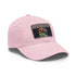 White cotton baseball cap with watercolor neon colors and light brown patch.
