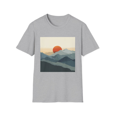 Minimalist charcoal mountain sunrise silhouette graphic unisex t-shirt.