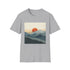 Minimalist charcoal mountain sunrise silhouette graphic unisex t-shirt.