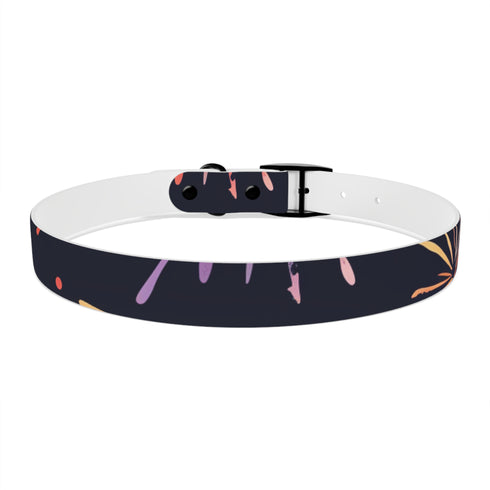 Vibrant M black onyx dog collar with festive fireworks pattern.