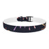 Vibrant M black onyx dog collar with festive fireworks pattern.
