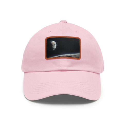 White cotton hat with Earth image patch, unisex vegan accessory.