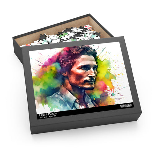 Bright watercolor jigsaw puzzle featuring Neon McConaughey, 120 pieces.