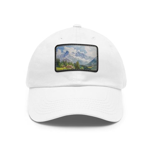 Swiss Alps watercolor cap in white with light brown rectangle patch.