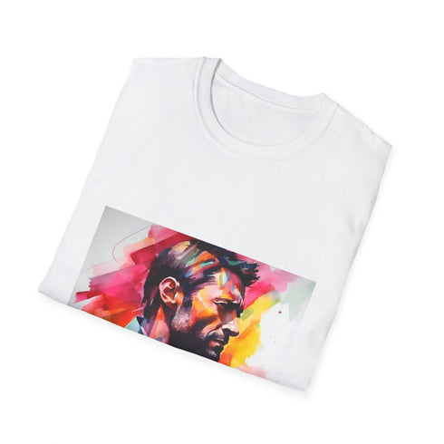 Vibrant charcoal cotton crew neck T-shirt with watercolor and neon pattern