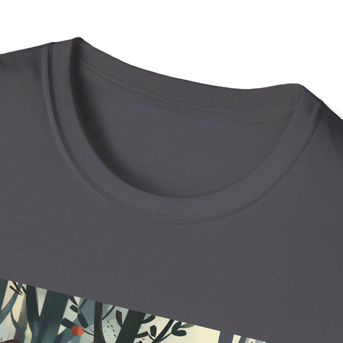 Charcoal crew neck t-shirt with woodland creatures graphic featuring soft breathable cotton
