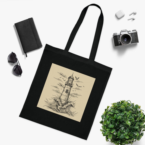 Beacon by the Sea Tote Bag in Black Cotton DTG Tote