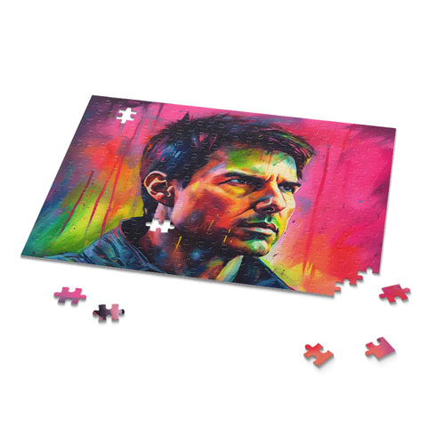 Vibrant neon watercolor puzzle featuring Tom Cruise in unique design.