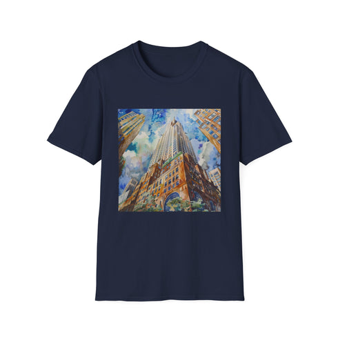 Charcoal crew neck t-shirt featuring watercolor Chrysler Building design in cotton fabric