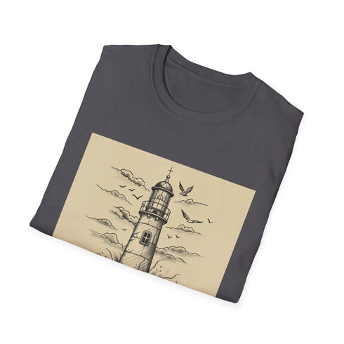 Hand-drawn lighthouse charcoal t-shirt with resilient coastal journey design