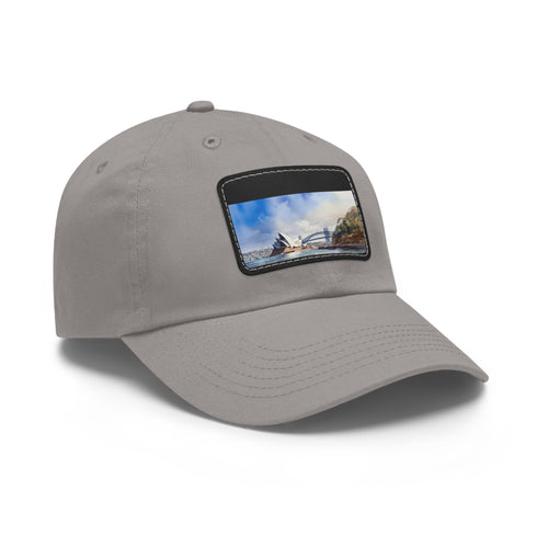 Sydney Edition White Hat with Light Brown Patch and Rectangle Design.