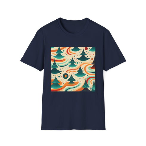 Psychedelic charcoal cotton T-shirt with groovy 70s ocean patterns