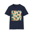 Psychedelic charcoal cotton T-shirt with groovy 70s ocean patterns