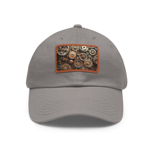 Steampunk cap with gears, cogs and light brown patch, rectangular shape