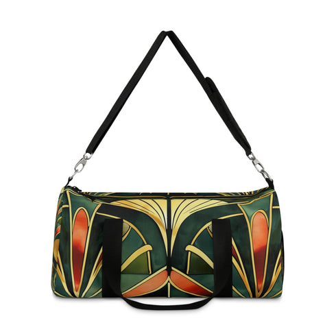 Custom AOP lightweight polyester duffel bag, small size, adjustable strap.