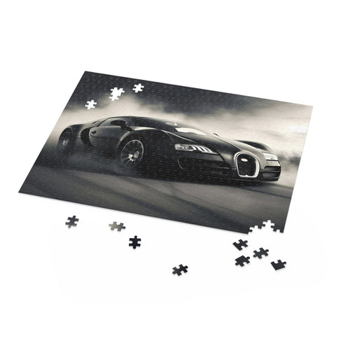 Bugatti Speed Puzzle with high-speed racing sports car on scenic background.