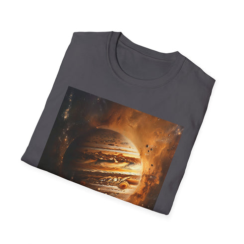 Charcoal cosmic painting t-shirt in cotton crew neck with vibrant Jupiter design