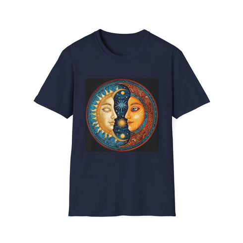 Charcoal mandala sun and moon t-shirt with cosmic pattern and crew neck