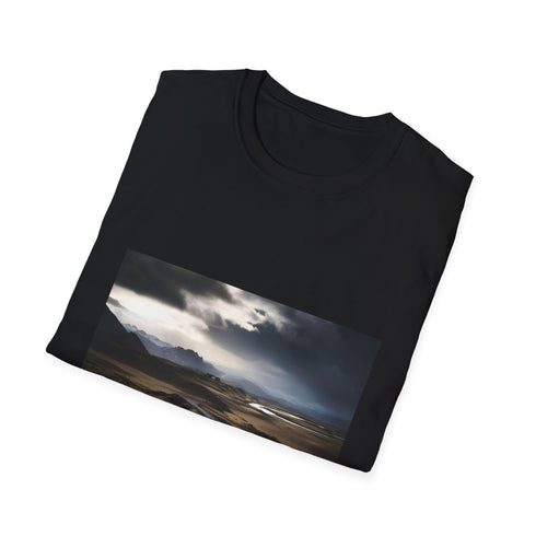 Charcoal cotton T-shirt with vibrant Iceland landscape capturing nature's raw beauty