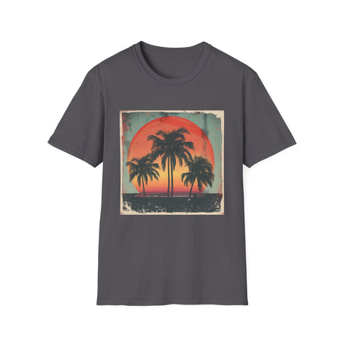 Palm Paradise Sunset Escape Charcoal T-Shirt with Crew Neck Fit