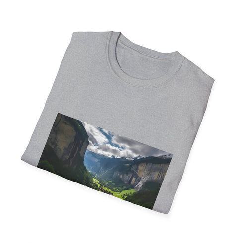 Nature-inspired charcoal crew neck t-shirt with Swiss Alps design.